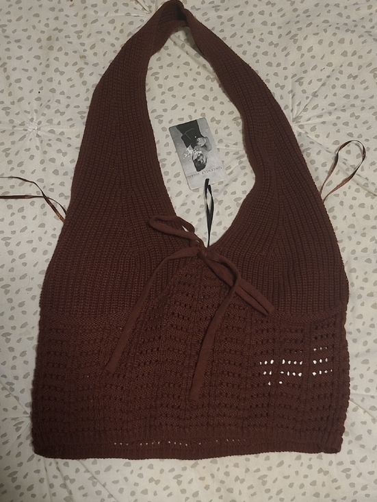 Sincerly Jules Tops - Sincerely Jules Brown Crochet Tie-Front Halter
